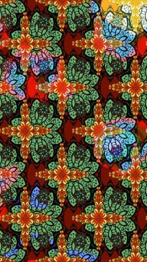 Raster illüstrasyonu. Suluboya çiçekli çiçek deseni. Yeşil ve siyah renkli güzel tekstil.