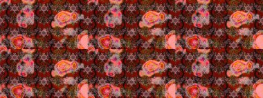 1950-1960 motifleri. Çiçekli ipek eşarp. Kahverengi üzerine kahverengi. El çizimi çiçek unsurları olan soyut çizim raster deseni. Retro tekstil tasarım koleksiyonu.