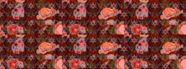 1950-1960 motifleri. Çiçekli ipek eşarp. Kahverengi üzerine kahverengi. El çizimi çiçek unsurları olan soyut çizim raster deseni. Retro tekstil tasarım koleksiyonu.