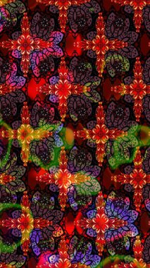 Raster illüstrasyonu. Siyah ve kahverengi renkli Asya tekstili. Suluboya çiçekli çiçek deseni.