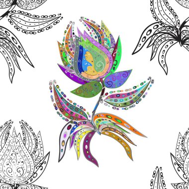 Vektör düz çiçekler. Kusursuz desen. Hediye ambalaj kağıdı, tebrik kartları, posterler ve pankart tasarımı. Hoş renklerde çiçekler.