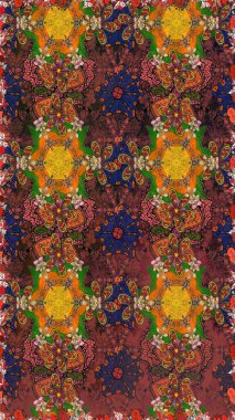 Raster illüstrasyonu. Kusursuz çiçek deseni. Kahverengi renkli Asyalı tekstil.