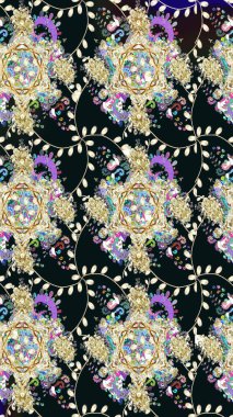 Kabile sanatı boho baskısı, klasik çiçek arkaplanı. Arkaplan dokusu, duvar kağıdı, çiçek temalı gri renkler. Soyut etnik raster çizim kalıbı.