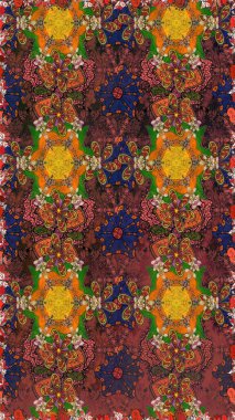 Raster illüstrasyonu. Kusursuz çiçek deseni. Kahverengi renkli Asyalı tekstil.