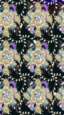 Kabile sanatı boho baskısı, klasik çiçek arkaplanı. Arkaplan dokusu, duvar kağıdı, çiçek temalı gri renkler. Soyut etnik raster çizim kalıbı.