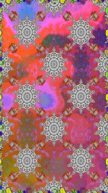 Kusursuz çiçek deseni. Raster illüstrasyonu. Renkli Bahar Temalı Kusursuz Arkaplan. Asya tekstil tarzında. Pembe ve gri renkli çiçekler. Düz Çiçek Elementleri Tasarımı.