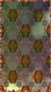 Asya tekstil tarzında. Kahverengi ve gri renkli çiçekler. Renkli Bahar Temalı Kusursuz Arkaplan. Raster illüstrasyonu. Kusursuz çiçek deseni. Düz Çiçek Elementleri Tasarımı.