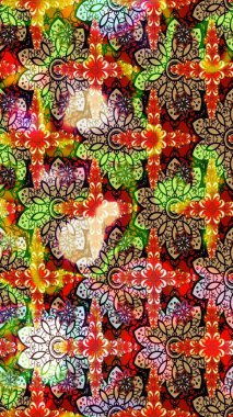 Renkli grunge, renkli ve bej çiçeklerle soyut bir arka plan oluşturur. Nakış desenli çiçek deseni. İzler, kumaş, duvar kağıtları, tekstil için raster dokusu.