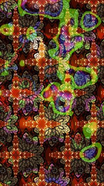 Modern çiçek arkaplanı. Moda baskıları için zarif bir şablon. Halk tarzı. Parlak renkli çiçekleri olan ve kahverengi ve siyah renkli yaprakları olan inanılmaz bir çiçek deseni..