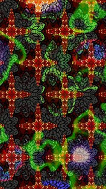 Düz Çiçek Elementleri Tasarımı. Asya tekstil tarzında. Renkli Bahar Teması eskiz kalıbı. Çiçek desenli çizim. Siyah ve yeşil renkli çiçekler. Raster illüstrasyonu.