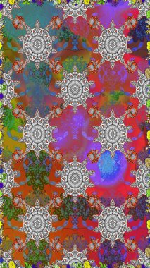 Çiçek ve yapraklı karalama şeklinde Raster çiçek deseni. Raster illüstrasyonu. Gri ve kahverengi renkte bahar çiçekleri.