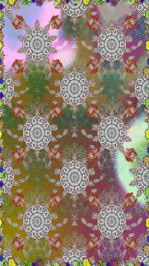 Çok renkli ve kahverengi zarif küçük çiçekler ve gri ve kahverengi renkli komik böcekler, raster deseni, illüstrasyon.