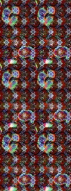 Renkli ve kahverengi raster çizimi. Bir sürü kırmızı ve kahverengi soyut çiçekli tropik eskiz deseni. Küçük çiçekte sevimli çiçek deseni var..