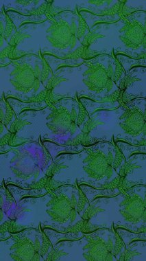 Çiçek süslemeli çizim deseni. Mavi renkli çiçekler. Raster illüstrasyonu.