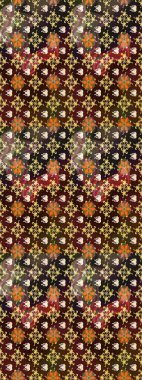 Parlak renkli fantezi çiçekleri, yapraklar, kahverengi renkli tomurcuklar, kahverengi. Suluboya el çizimi elementli çiçek çizimi deseni.