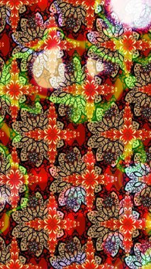 Patlayan çiçekler soyut olarak yerleştirilmiş. Raster illüstrasyonu. Kibarca, bahar çiçekleri kırmızı ve bej renklerinde. Raster deseni.