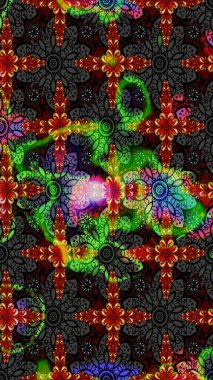 Eskiz geçmişi. Renkli desenli eskiz deseni, siyah ve gri çiçekler ve dekoratif elementler. Kumaş, tekstil, duvar kağıdı baskısı için. Raster illüstrasyonu. Antika retro tarzı.