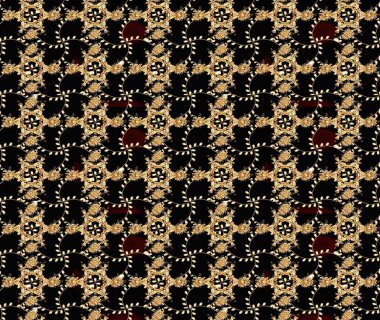 Çiçek desenli çizim. Siyah, kahverengi ve bej renkli çiçekler. Asya tekstil tarzında. Raster illüstrasyonu. Raster illüstrasyonu.