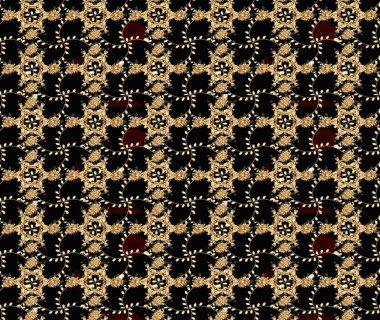 Çiçek desenli çizim. Siyah, kahverengi ve bej renkli çiçekler. Asya tekstil tarzında. Raster illüstrasyonu. Raster illüstrasyonu.