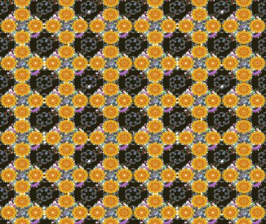 Çok renkli, zarif küçük çiçekler ve sarı renkli komik böcekler, raster desen, illüstrasyon..