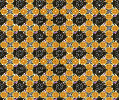 Çok renkli, zarif küçük çiçekler ve sarı renkli komik böcekler, raster desen, illüstrasyon..