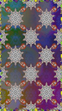 Çok renkli, zarif küçük çiçekler ve gri renkli komik böcekler, raster desen, illüstrasyon.