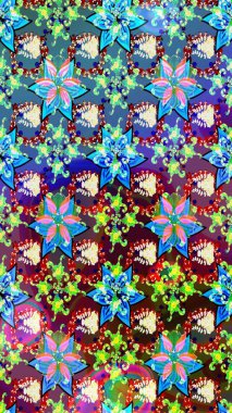 El çizimi Raster çizimi. Çizim çiçek deseni duvar kağıdı, web sitesi arka planı, ambalaj kağıdı, davetiye, broşür, afiş veya web sitesi için kullanılabilir. Parlak elementlerin.