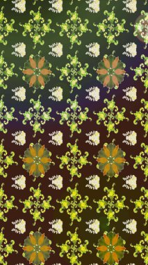 Raster Floral Illustration, Asyalı tekstil. Yeşil renkli etnik çiçeklerle zarif eskiz deseni.