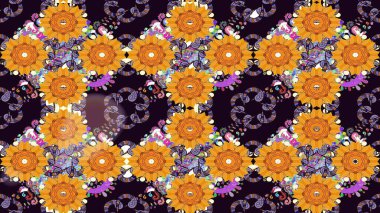 Renkli Bahar Temalı Kusursuz Arkaplan. Düz Çiçek Elementleri Tasarımı. Siyah ve turuncu renkli çiçekler. Sevimli çiçek raster deseni.