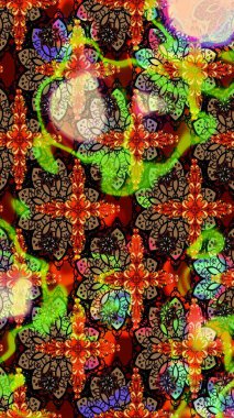 Çiçek desenli çizim. Renkli Bahar Teması eskiz kalıbı. Güzel kumaş deseni. Asya tekstil tarzında. Düz Çiçek Elementleri Tasarımı. Raster illüstrasyonu.