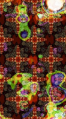 Çiçek desenli çizim. Kahverengi ve siyah renkli çiçekler. Asya tekstil tarzında. Raster illüstrasyonu. Raster illüstrasyonu.