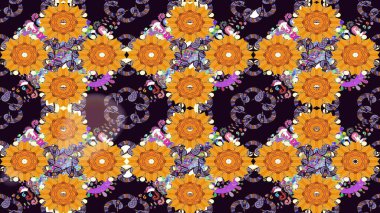 Renkli Bahar Temalı Kusursuz Arkaplan. Düz Çiçek Elementleri Tasarımı. Siyah ve turuncu renkli çiçekler. Sevimli çiçek raster deseni.