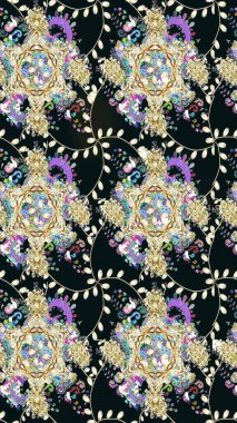 Arkaplan dokusu, duvar kağıdı, çiçek temalı gri renkler. Soyut etnik raster çizim kalıbı. Kabile sanatı boho baskısı, klasik çiçek arkaplanı.