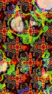 Çiçek desenli çizim. Renkli Bahar Teması eskiz kalıbı. Güzel kumaş deseni. Asya tekstil tarzında. Düz Çiçek Elementleri Tasarımı. Raster illüstrasyonu.