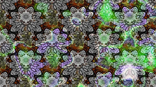 Raster illüstrasyonu. Renkli süs kenarı. Gri renklerde. Hint süsü. Çizim kalıbı. Çiçek duvar kağıdı.