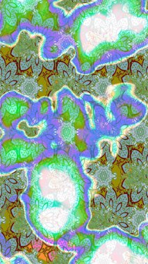 Çiçek desenli çizim. Raster illüstrasyonu. Asya tekstil tarzında. Raster illüstrasyonu. Yeşil renkte çiçekler.