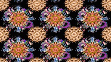 Düz Çiçek Elementleri Tasarımı. Sevimli çiçek raster deseni. Siyah ve kahverengi renkte çiçekler. Renkli Bahar Teması Kusursuz Arkaplan.