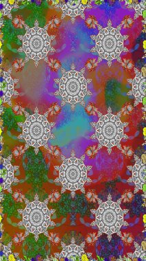 Asya tekstil tarzında. Kusursuz çiçek deseni. Raster illüstrasyonu. Gri ve kahverengi renkli çiçekler. Renkli Bahar Temalı Kusursuz Arkaplan. Düz Çiçek Elementleri Tasarımı.