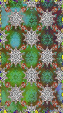 Raster çiçekleri klasik tarzda çizilmiş. Raster illüstrasyonu. Yumuşak, yeşil renkli bahar çiçekleri. Çiçekli, pürüzsüz desen.