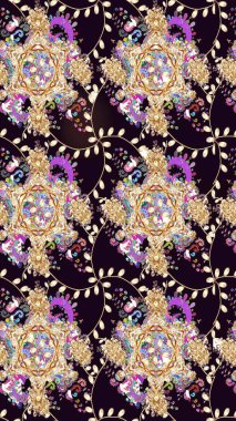 Renkli Bahar Teması eskiz kalıbı. Çiçek desenli çizim. Düz Çiçek Elementleri Tasarımı. Siyah renkli çiçekler. Asya tekstil tarzında. Raster illüstrasyonu.