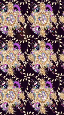 Renkli Bahar Teması eskiz kalıbı. Çiçek desenli çizim. Düz Çiçek Elementleri Tasarımı. Siyah renkli çiçekler. Asya tekstil tarzında. Raster illüstrasyonu.