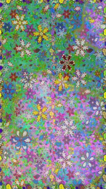 Raster illüstrasyonu. Raster deseni. Patlayan çiçekler soyut olarak yerleştirilmiş. Yeşil ve mavi renklerde bahar çiçekleri..