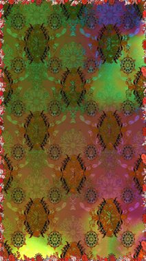 Çiçekler. Soyut etnik raster kusursuz desen. Vadinin çiçekleri kahverengi ve yeşil renklerde.