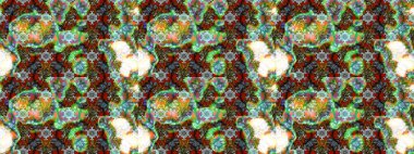 Güzel, parlak, pürüzsüz kumaş, tuval. Çiçek çelengi. Kıvırcık, parlak örgü. Desen, çizim, çiçek sınırı. Raster illüstrasyonu. Klasik eski arkaplan.