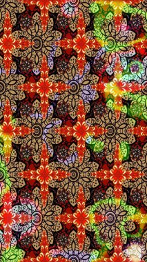 Raster illüstrasyonu. Çiçek desenli çizim. Siyah ve kırmızı renkte çiçekler. Asya tekstil tarzında. Raster illüstrasyonu.