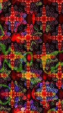 Siyah ve kırmızı renkte çiçekler. Raster illüstrasyonu. Düz Çiçek Elementleri Tasarımı. Çiçek desenli çizim. Asya tekstil tarzında. Renkli Bahar Teması çizim şablonu.