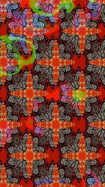 Raster illüstrasyonu. Kırmızı ve kahverengi renkli Asya tekstili. Çiçek desenini çiz.