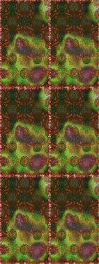 Kahverengi ve yeşil renkli, parlak çiçekli, soyut, pürüzsüz desen. Çiçeksel elementlerle süslenmiş zarif raster dokusu. Küçük çiçekte şirin bir çiçek deseni var..