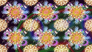 Çiçeksel fantezi tasarımı ve parlak bir arka plan çizimi. Düz Çiçek Elementleri Tasarımı. Renkli Bahar Teması çizim şablonu.