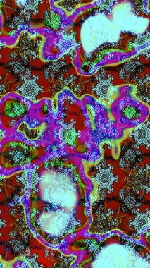 Mavi, kırmızı ve yeşil renkli bitkilerden oluşan parlak bir halı deseni..